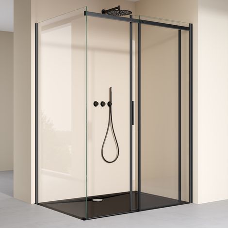 doporro Duschkabine Schiebetür 80x120x195cm(Alle Maße sind Einbaumaße) schwarz Eck-Duschkabine Duschabtrennung inkl flacher Duschtasse in Schwarz ESG-Sicherheitsglas Klarglas inkl. Easy-Clean-Beschich