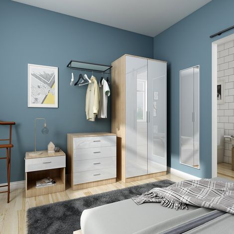 ELEGANT Modern High Gloss Wardrobe and Cabinet Furniture Set 2 Doors Wardrobe and 4 Drawer Chest and Bedside Cabinet, White/Oak (1/5)