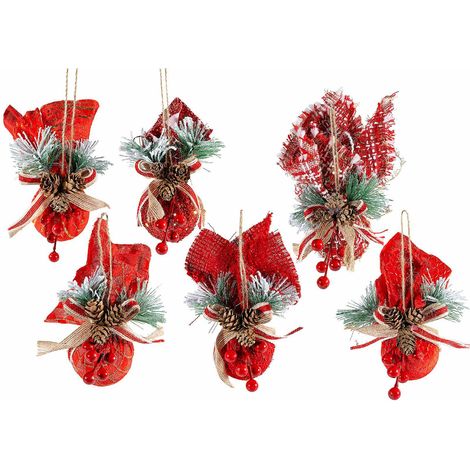 Palline di Natale da appendere rivestite con stoffa, rametti, bacche e fiocchetti, set da 12 pezzi, Ø 5,5 cm x 16 H