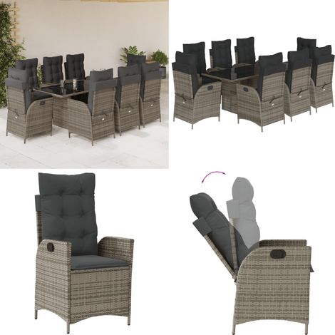 9-tlg. Garten-Essgruppe mit Kissen Grau Poly Rattan - Gartentisch - Gartenmöbel (1/5)