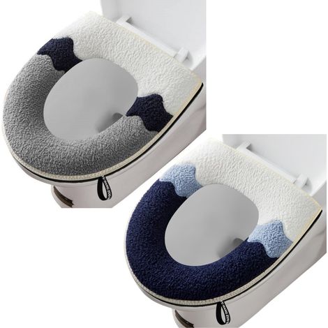 Lot de 2 housses de siège de toilette plus épaisses et douces avec poignée - Lavables - Compatibles avec tous les sièges de toilette ovales (gris + bleu marine) (1/5)