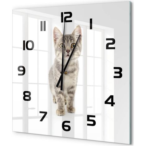 Grande Horloge Murale Carrée Sans Cadre en Verre Trempé Silencieuse et Moderne Chat gris 60x60 cm (1/5)