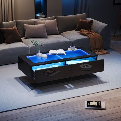 Table basse 100 x 50 x 35 cm, haute brillance, avec tiroirs et éclairage LED – table salon en verre, table d'appoint moderne (1/5)