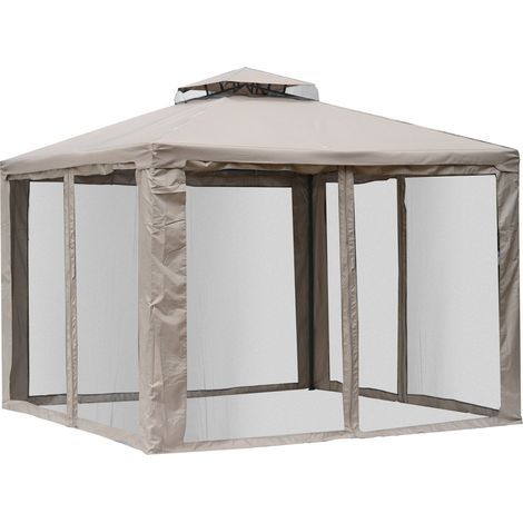 Outsunny 3x3m Gartenpavillon, Doppeldach, Grau mit abnehmbaren Moskitonetzen, wasserdicht