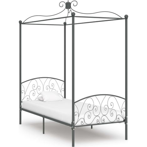 Lit à baldaquin Lit simple pour adulte - Cadre de lit Gris Métal 100 x 200 cm BV222567 - BonneVie (1/5)