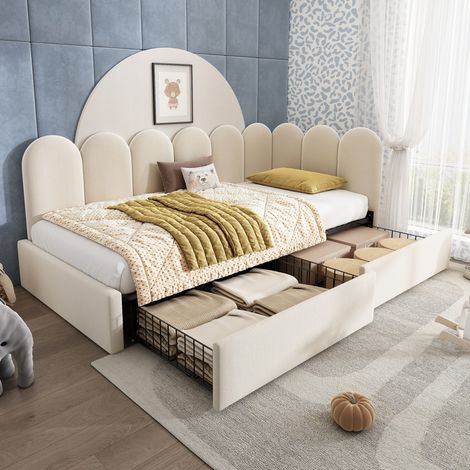 Canapé-lit capitonné velours beige 90x200 méridienne coffre tiroirs sommier lattes adaptable enfant adulte, lit simple (sans matelas) (1/5)