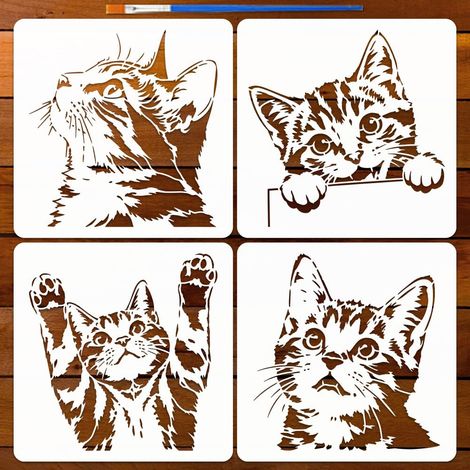4Pièces Pochoirs Visage Chat Réaliste Avec Pinceau 20x20cm Pochoir Peinture Forme Chat Pochoirs Chats Mignons Thème Animal pour Peinture Sur Bois Mur Meubles Loisirs Créatifs DIY Décor (1/5)