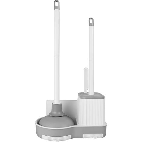 Ensemble brosse et ventouse WC 3 en 1 blanc-gris - Fixation murale avec brosse de nettoyage des recoins (1/3)