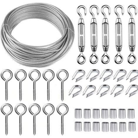 Kit de câble métallique en acier inoxydable de 30.5 m avec tendeur de fil robuste M5. kit de rouleau de fil de clôture. kit de garde-corps de câble. tendeurs de fil de jardin pour plantes grimpante (1/5)