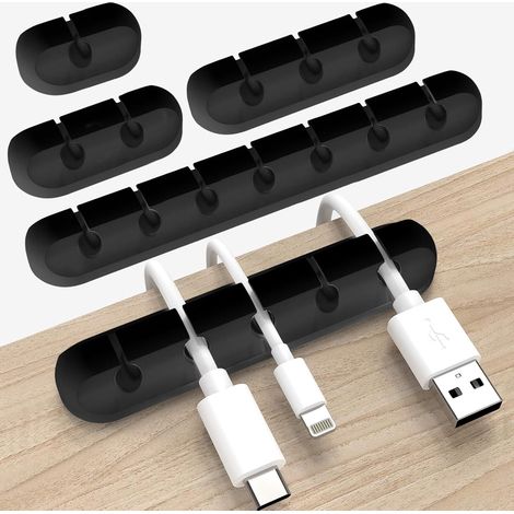 5 Pièces Clips Câble Organisateur Bureau, Organisateur de Câble Auto-adhésif, Supports de Gestion de Câbles Autocollants en Silicone, pour Câbles de Chargement, HDMI, USB, Audio, Noir (1/5)