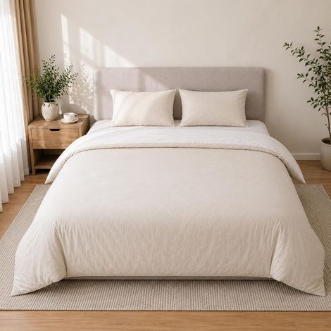Housse de Couette 220x240 Réversible avec 2 Taies d'oreiller 65x65 cm (Beige/Blanc) Microfibre- Parure de Lit 240 x 220 Adulte 2 Personne, Parure Couette avec Fermetures éclair (1/5)