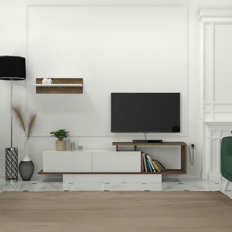 Banc TV design blanc & effet noyer avec étagère MARFA (1/5)