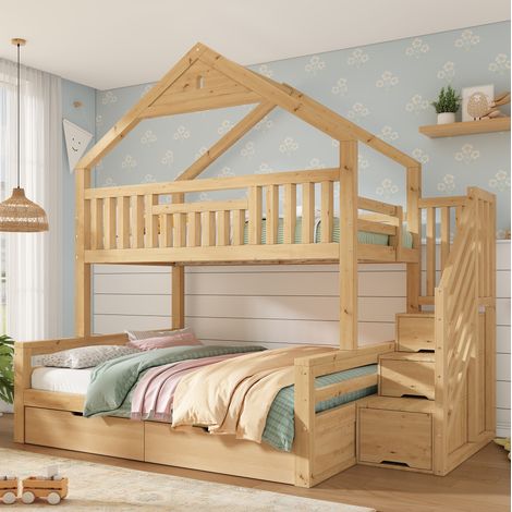 Kinder-Etagenbett 90x200/140x200 cm aus Holz mit Leiter, 2 Schubladen, Dach - OKWISH (1/5)