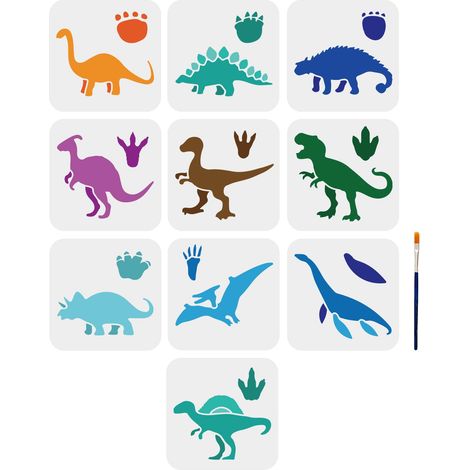 10 pochoir Dinosaure 15×15cm Modèle de Peinture D'Animaux Sauvages Empreintes de Pas de Tyrannosaure Rex et de Ptérosaure avec Pinceau pour Mur Bois Bricolage (1/5)