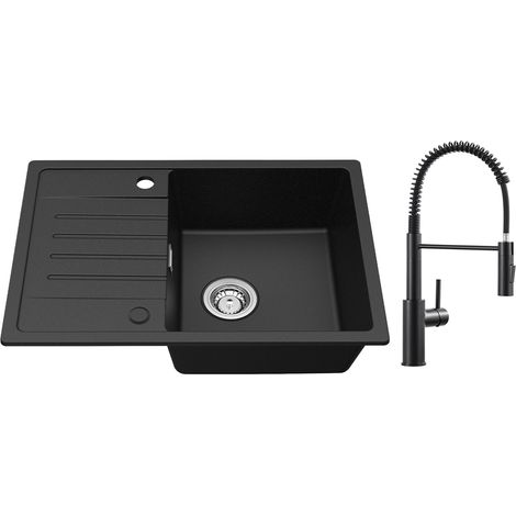 Cecipa Evier de cuisine avec égouttoir Noir 65 x 45 cm Evier à encastrer Deux directions d'installation + Mitigeur de Cuisine à Ressort avec Douchette Extractible, Robinet Evier 2 Modes de Sortie D'ea (1/5)