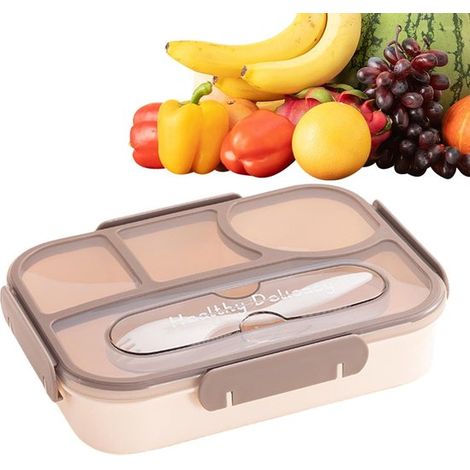 Boîte à lunch Bento 1000 ml avec 4 compartiments, anti-fuite, sans BPA et écologique, compatible micro-ondes et lave-vaisselle, avec couverts, beige et marron (1/5)