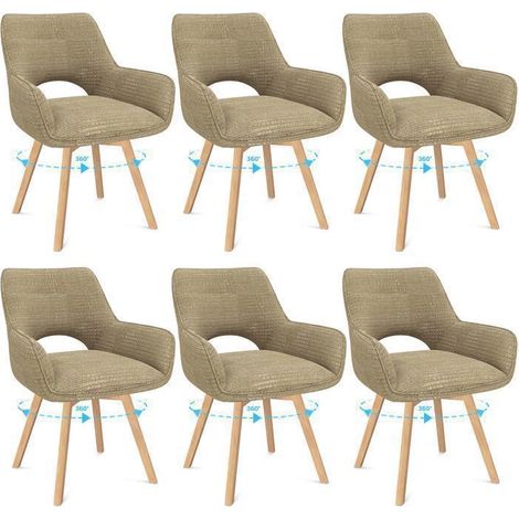 Lot de 6 chaises de salle à manger pivotantes – Accoudoirs ergonomiques – Dossier en velours rembourré – Structure métal et pieds bois – Style scandinave