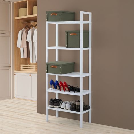 Scaffale multiuso in plastica bianco effetto legno con 5 ripiani e in kit da montaggio (1/5)