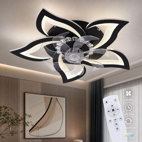 Ventilateur de plafond invisible noir 65cm, 6 vitesses, télécommande, lumière LED dimmable 3 couleurs, mode été/hiver (1/5)