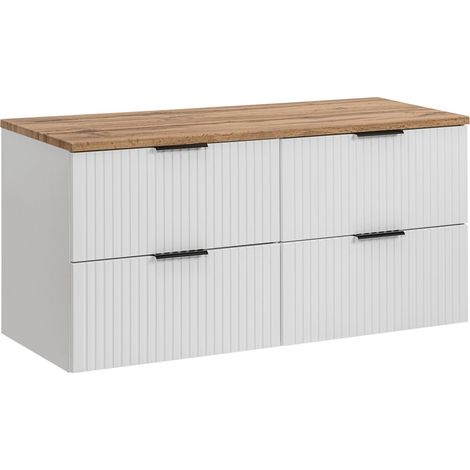 Furnidea - Meuble de salle de bain suspendu sous double vasque ADEL BLANC avec plan CHÊNE 120 cm - 4 tiroirs - Façades rainurées (1/5)