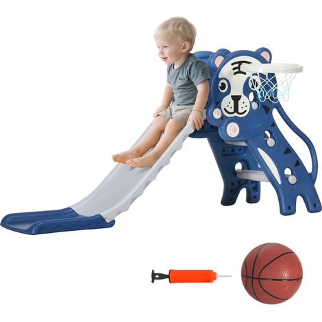 Toboggan enfant, gris, 133 x 60 x 70 cm, avec panier, panier de basket, pour enfant, glisse ludique, jeu intérieur extérieur moderne