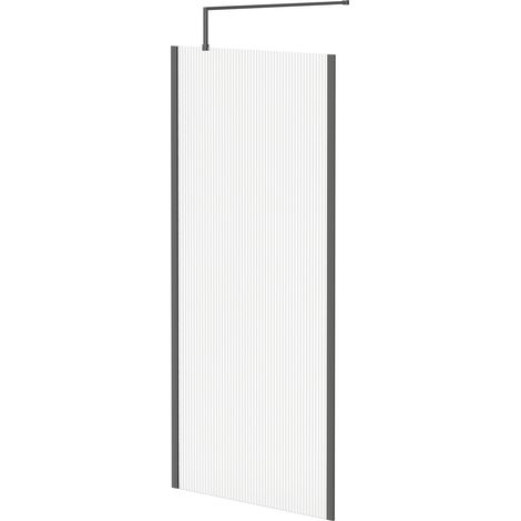 Colore 8mm Fluted Glass Gunmetal Grey 1850mm x 900mm Walk In Shower Screen including Wall Channel with End Profile and Support Bar (1/5)