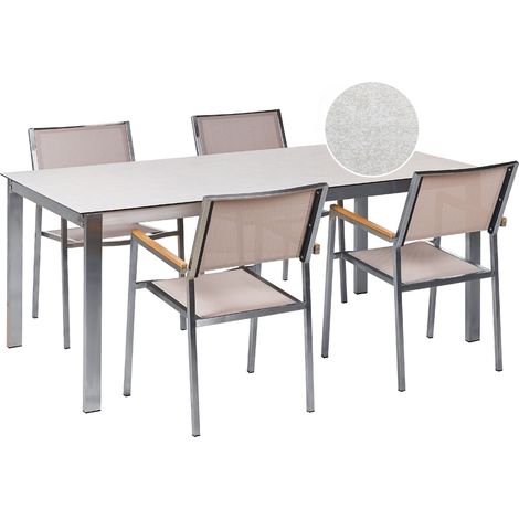 Conjunto de jardín moderno 4 plazas de acero inoxidable mesa comedor tablero de vidrio blanco sillas de textileno beige Cosoleto/Grosseto