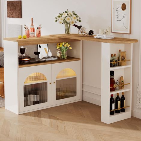 Moderner ausziehbarer Bartisch 138-193x39x105cm mit Stauraum und drehbarem Design,ideal für Esszimmer,inklusive 1m LED Lichtstreifen in Weiß (1/5)