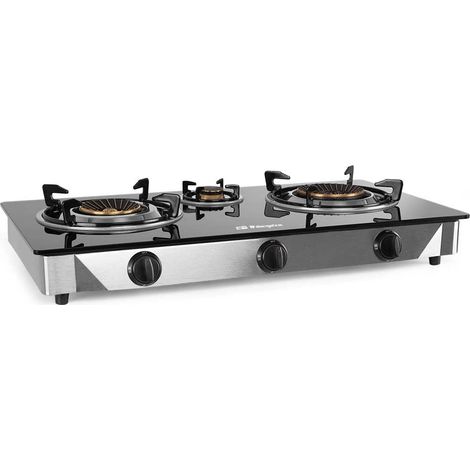 Cuisinière à gaz, 2 brûleurs triple couronne, butane ou propane, allumage piézoélectrique, surface en verre trempé, corps en acier inoxydable (1/5)