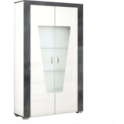 Vitrine 2 portes avec leds laqué blanc et imitation granit gris - NEWELL