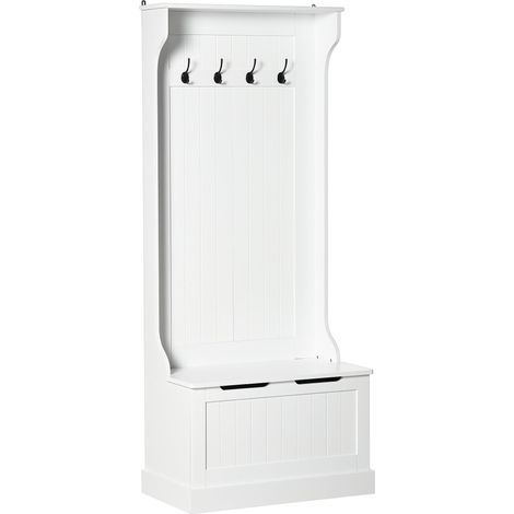Porte-manteau moderne 3 en 1 avec 4 crochets, banc de rangement et penderie, meuble gain de place pour entrée, couloir ou chambre, en bois, 71,5 x 39,5 x 170 cm, blanc