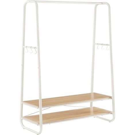 Portant à Vêtement, Porte-Manteaux, Armoire, Vestiaire, avec 2 Étagères, 6 Crochets en Forme de S, Cadre en Acier, pour Chambre, Couleur Chêne et Blanc Crème