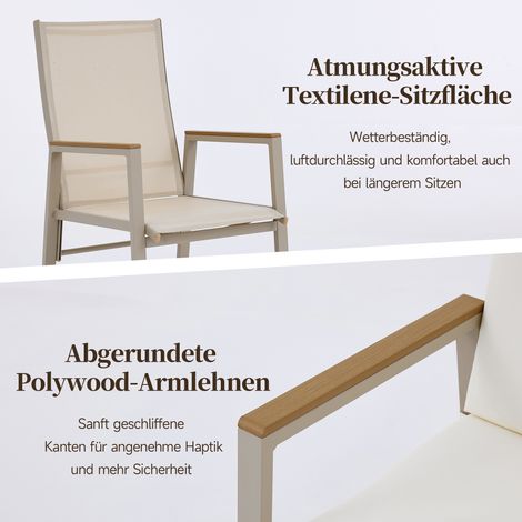 Lot de 2 chaises de repas extérieures confortables respirantes accoudoirs composite bois-plastique assise teslin cadre fer galvanisé couleur kaki et beige (1/4)