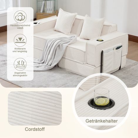 Canapé convertible 2 places moderne, tissu confortable, avec deux coussins décoratifs et pouf élégant à rangement latéral + porte-verres, parfait pour salon, coin lecture ou salle de jeux.