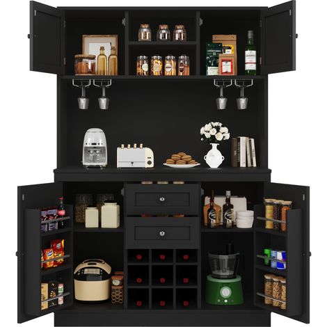Buffet de cuisine avec étagères réglables et range-bouteilles, meuble colonne de cuisine avec 4 portes et 2 tiroirs, buffet pour cuisine et salon, noir (1/5)