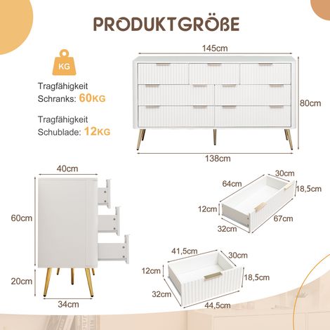 Commode 7 tiroirs, coffre de rangement blanc moderne avec poignées métalliques et coulisses amorties, meuble chambre MDF robuste pour salon entrée – dispositif anti-bascule, pieds surélevés pour aspir (1/5)