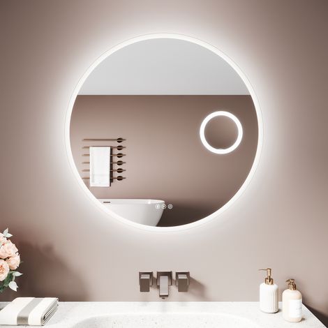 SIRHONA Miroir lumineux de salle de bain - Miroir de Salle de Bain Circulaire Bluetooth avec Anti-Buée, 3 Tons de Lumière, Lampe de Grossissement 3x, 80x80 cm
