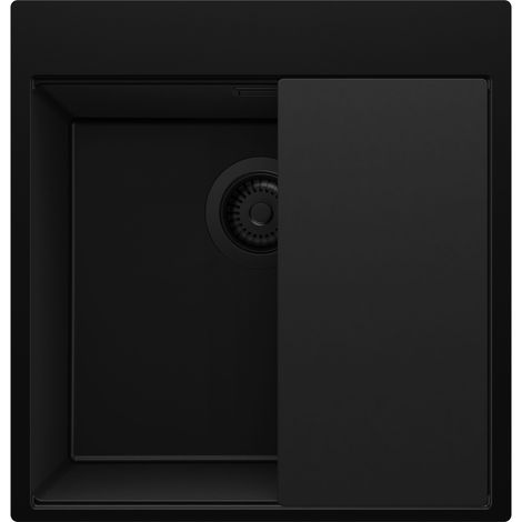 PRIMAGRAN Evier Cuisine en Granit 48x50cm,Lavabo 1 bac + Kit de Vidage + Planche à Découper, Évier à Encastrer au meuble 50cm - Oslo, Tout Noir (1/5)