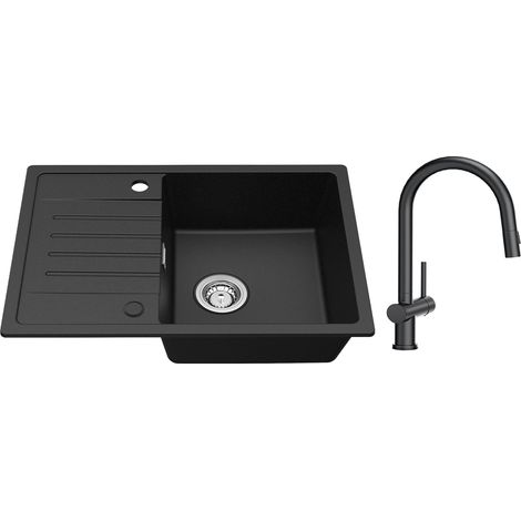 Cecipa Evier de cuisine avec égouttoir Noir 65 x 45 cm Evier à encastrer Deux directions d'installation + Mitigeur de Cuisine avec Douchette Extractible avec 2 Types de Jet Noir (1/5)