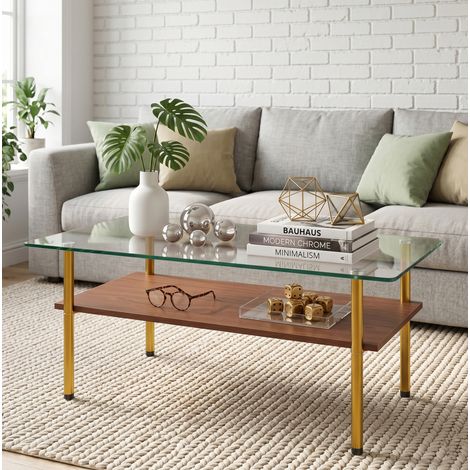 Tavolino rettangolare 97,7 x 57,7 x 45 cm in vetro temperato, MDF e metallo marrone e dorato HAVRYA (1/5)