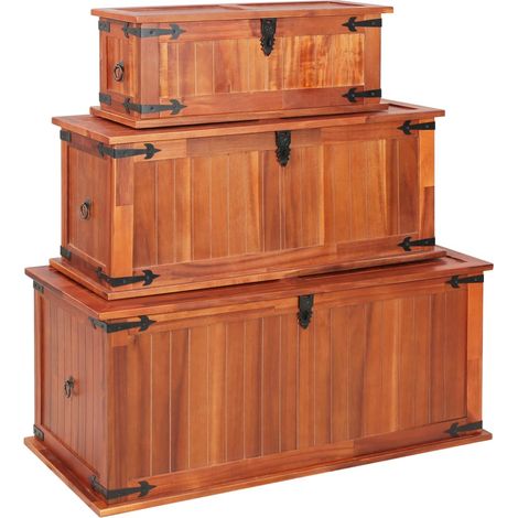 Lot de 3 Coffre de rangement Jardin,Commode Bac de rangement Bois d'acacia solide -BV20140 (1/5)
