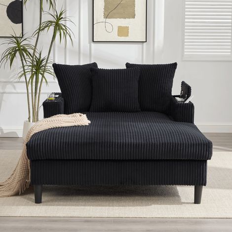 Canapé longue multifonction en velours côtelé avec LED port USB porte-gobelets, rangement, poche latérale 3 coussins salon maison (1/5)