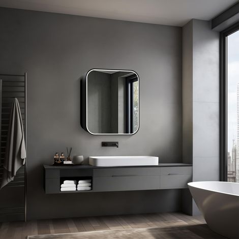 Armoire de Toilette Lumineuse 60x70 cm Noir - Meuble de Salle de Bain avec Miroir et 2 étagères - Aluminium - Fond Miroir (1/5)