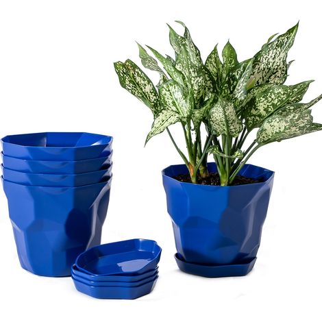Grand pot de fleurs avec soucoupe, lot de 5, bleu Klein, 14,5 cm de hauteur, pour intérieur et extérieur (1/5)