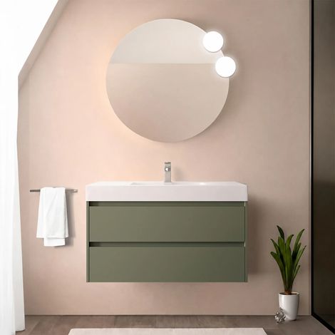 Mobile bagno sospeso 90 cm verde satinato con due cassetti e lavabo in resina Gaya (1/5)