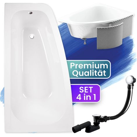 Badewanne Eckbadewanne 150x80 Links mit Styroporverkleidung, Ablauf & Füße GRATIS - Komplettset 4in1 Original Acryl Wanne Siphon - BADLAND LUNA (1/5)