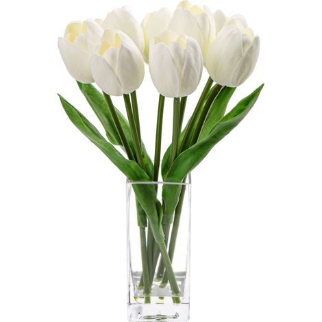 Fleurs artificielles Blanches dans Un Vase Transparent, Arrangement de Tulipes en Mousse au Toucher réaliste, Convient pour la décoration de la Maison, du Bureau, de la Table à Manger (1/5)