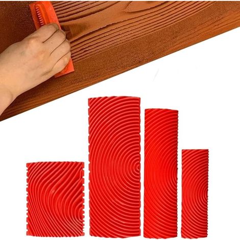 Modèles Outil de Peinture Grain Bois,Outil de Grain de Bois en Caoutchouc,Outil à Grain de Bois,Il est utilisé pour les murs de bricolage et le sol est décoré avec un grain d’imitation bois,4 pcs (1/5)