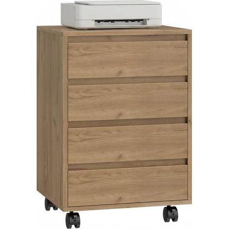 Caisson marron 4 tiroirs à roulettes pour bureau de travail, 46x40x65 cm, meuble rangement pratique et chaleureux