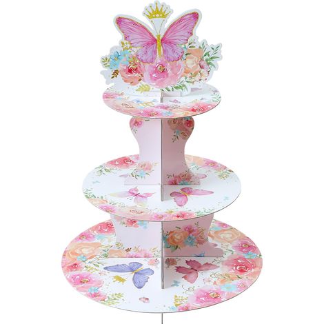 Présentoir à cupcakes rond à 3 étages en forme de papillon rose, tour à cupcakes en carton à thème floral, présentoir à cupcakes pour baby shower, anniversaire de fille (1/5)